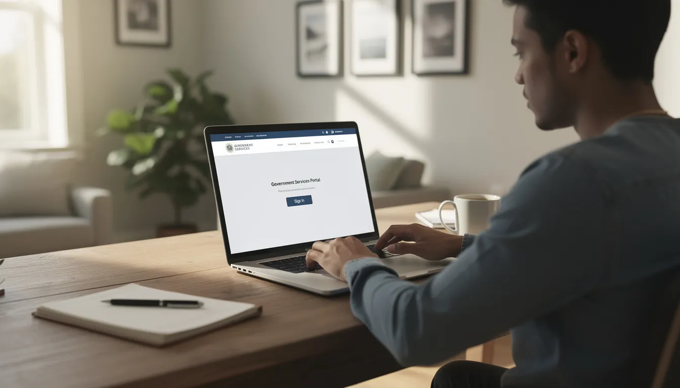 A person is sitting at a desk in their home, using a laptop to access government services related to family benefits, such as child allowance and parental benefits. The scene highlights the importance of technology in managing social insurance and family allowances for families with children.