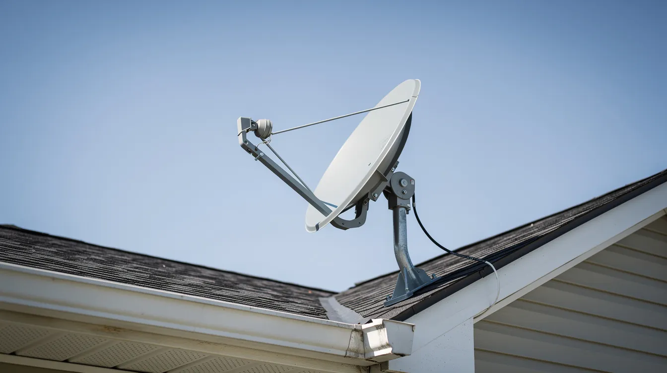 A satellite dish is mounted on the roof of a residential home against a clear blue sky, symbolizing the installation of DSTV services. This setup highlights the importance of professional DSTV installation for optimal home entertainment and best viewing experience.
