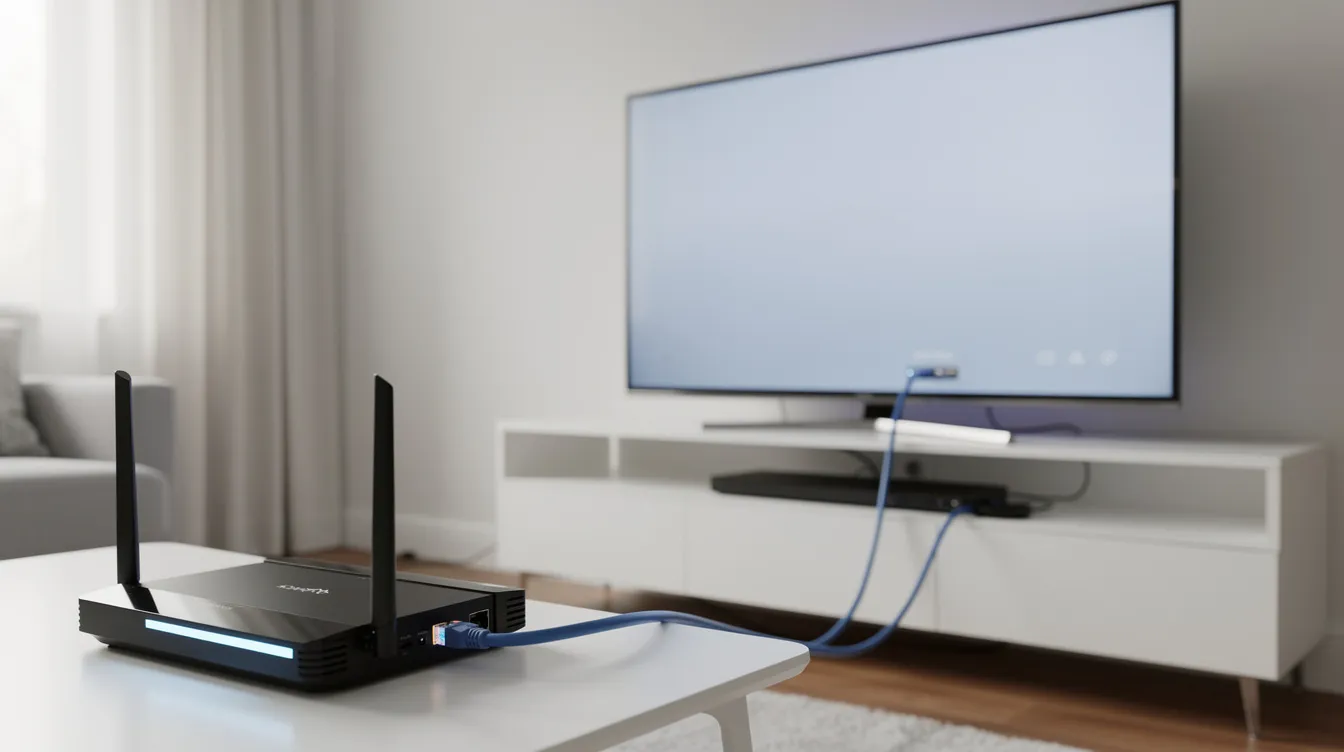 En la imagen se observa un router doméstico conectado a un cable Ethernet, ubicado junto a una televisión moderna que podría utilizar servicios de IPTV. El entorno sugiere una configuración ideal para disfrutar de contenido de streaming y canales de televisión de alta calidad.