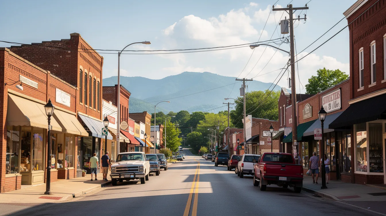 The image depicts a charming small-town main street in Tennessee, featuring brick storefronts lined along the road, with majestic mountains rising in the background. This picturesque setting reflects the essence of small businesses, where local owners engage in honest business practices, contrasting with the potential for fraudulent activities that can lead to significant financial harm.