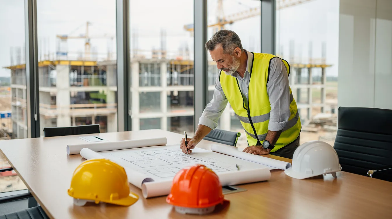 A construction project manager is intently reviewing architectural drawings at a large table, surrounded by hard hats and blueprints, emphasizing the importance of preconstruction planning in managing commercial construction costs and ensuring compliance with local regulations. The scene highlights the detail-oriented nature of the construction industry, where understanding material and labor costs is crucial for successful project execution.