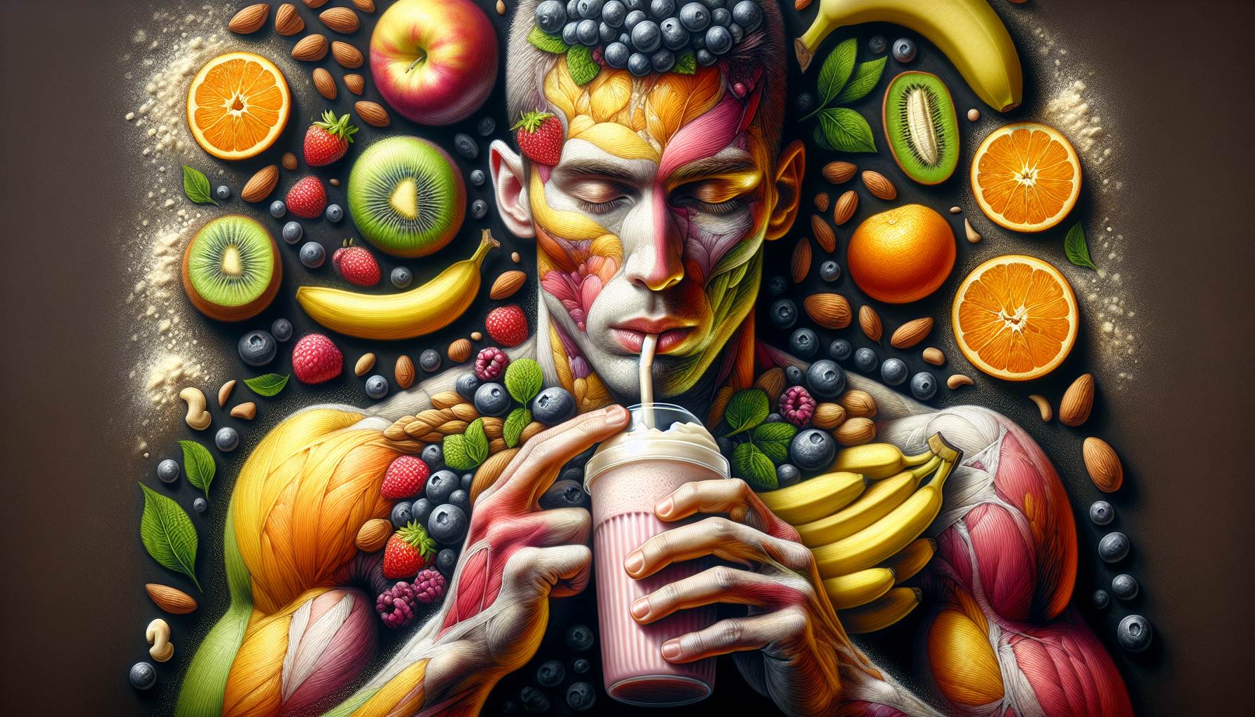 An artistic rendering of a person consuming a post-workout protein shake with fruits and nuts in the background