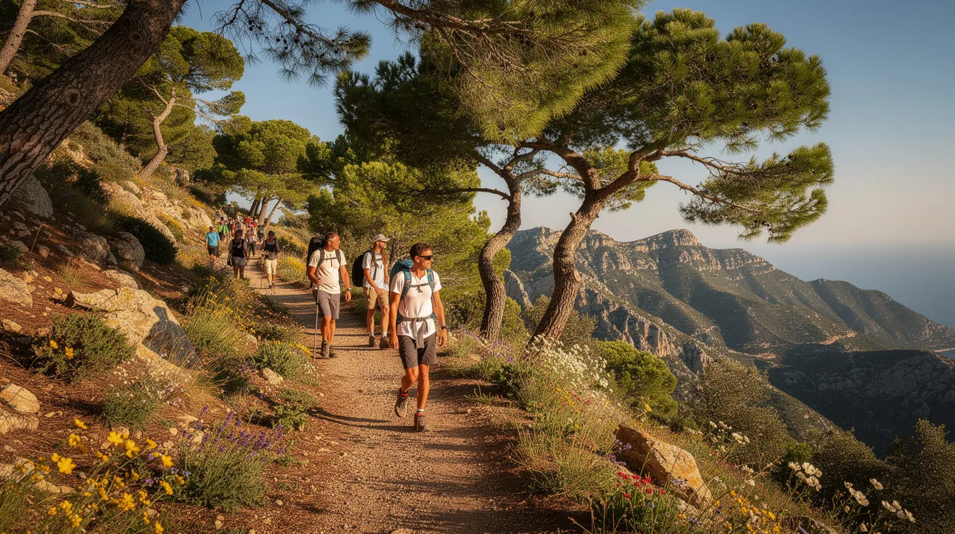A group of people is hiking along a sunny mountain trail, surrounded by lush Mediterranean pine trees and vibrant wildflowers, perfect for those considering living in Cyprus while working remotely. The picturesque landscape highlights the natural beauty of the island, appealing to digital nomads seeking a favourable business environment.