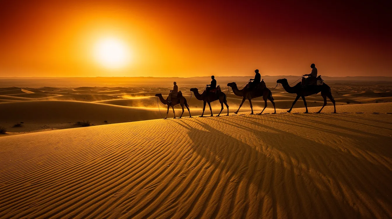 The image depicts silhouettes of camels gracefully walking across the golden sand dunes of a desert at sunset, creating a serene and picturesque scene. As travelers prepare for a trip to Morocco, it's essential to consider bringing prescription medication and a basic first aid kit for adequate medical care during their journey.