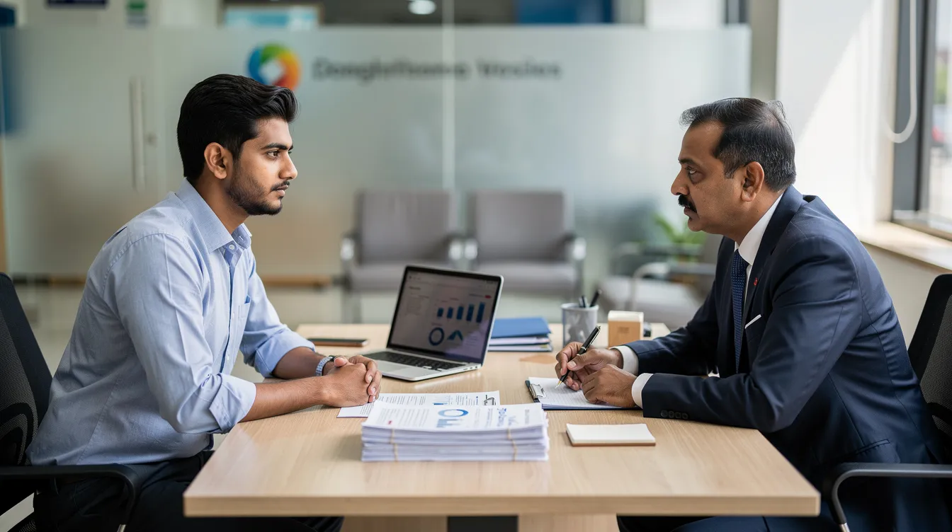 c1a69ae3 38d2 48e8 8d89 85a9018681ff A young Indian entrepreneur is seated across from a bank officer at a desk, with a laptop and various papers, likely discussing the details of a mudra loan project report. The scene reflects a professional atmosphere as they review financial statements and project logistics details for a potential business venture.