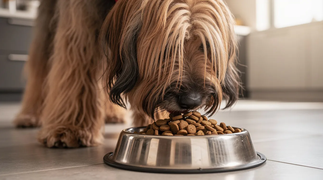 A Briard dog is happily eating high-quality kibble from a dog bowl, showcasing its long, flowing coat and attentive demeanor. This scene highlights the breed's active and loyal nature, making it a great family dog and a member of the herding group.