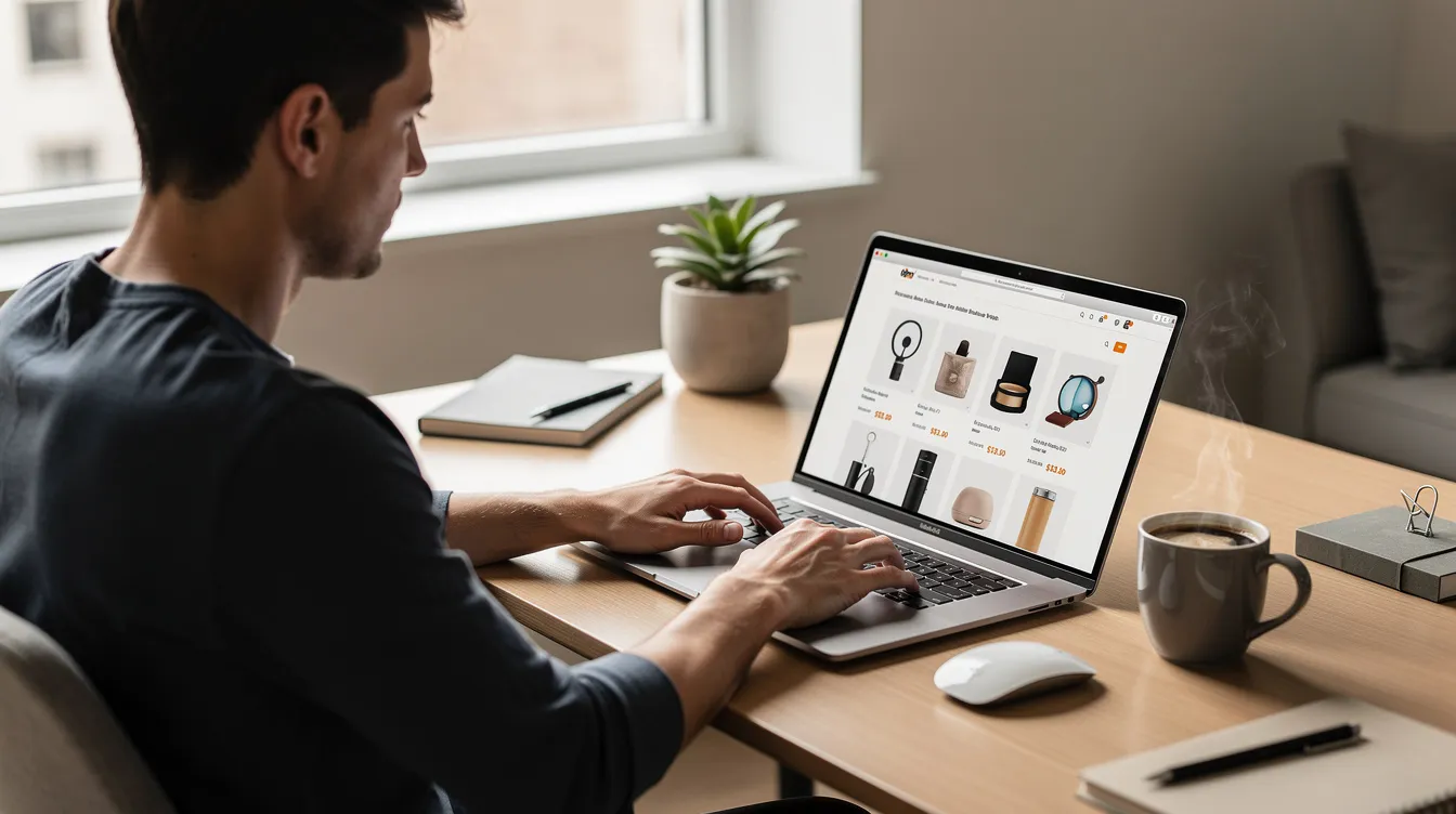 A person is sitting at a modern desk, browsing products on a laptop while enjoying a cup of coffee. The scene captures a cozy and productive atmosphere, highlighting the ease of accessing various items, including potentially intoxicating hemp products, from the comfort of home.
