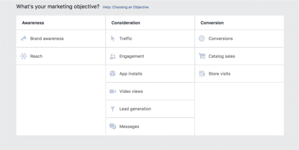 Facebook Ads marketing objectives within Facebook Ads manager