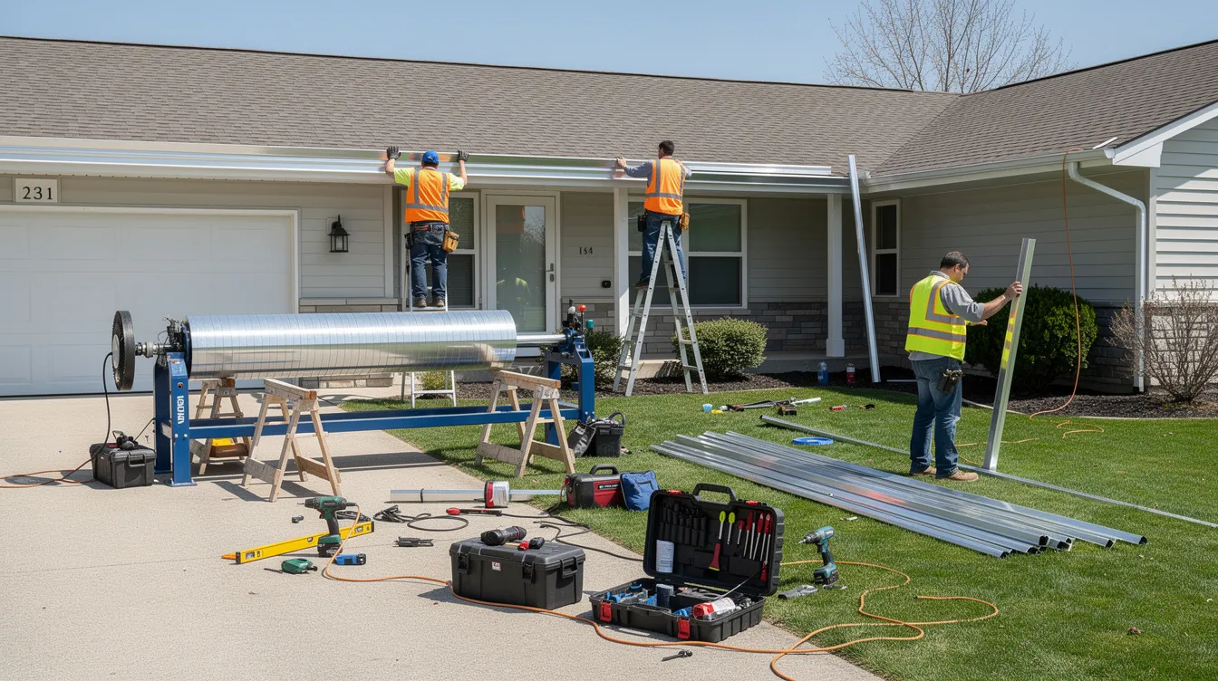 An experienced team is seen installing seamless gutters on a single-story home, with various tools and seamless gutter forming equipment scattered on the ground. This professional gutter installation aims to protect the property from water damage and ensure efficient drainage for both residential and commercial properties in Pueblo, CO.