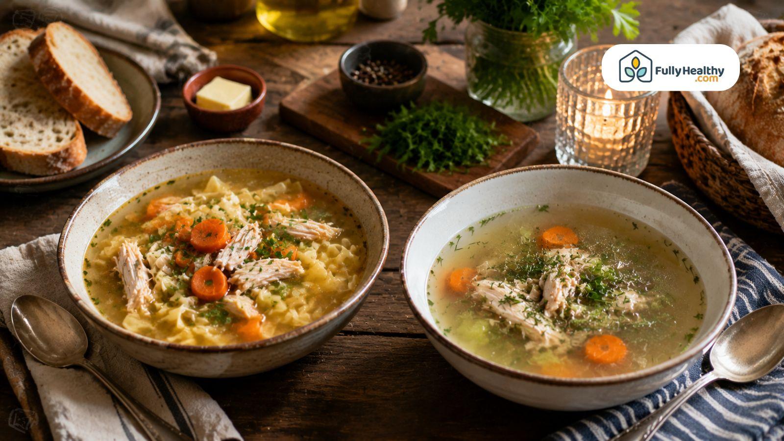 Rich chicken stock soup and light chicken broth soup comparison