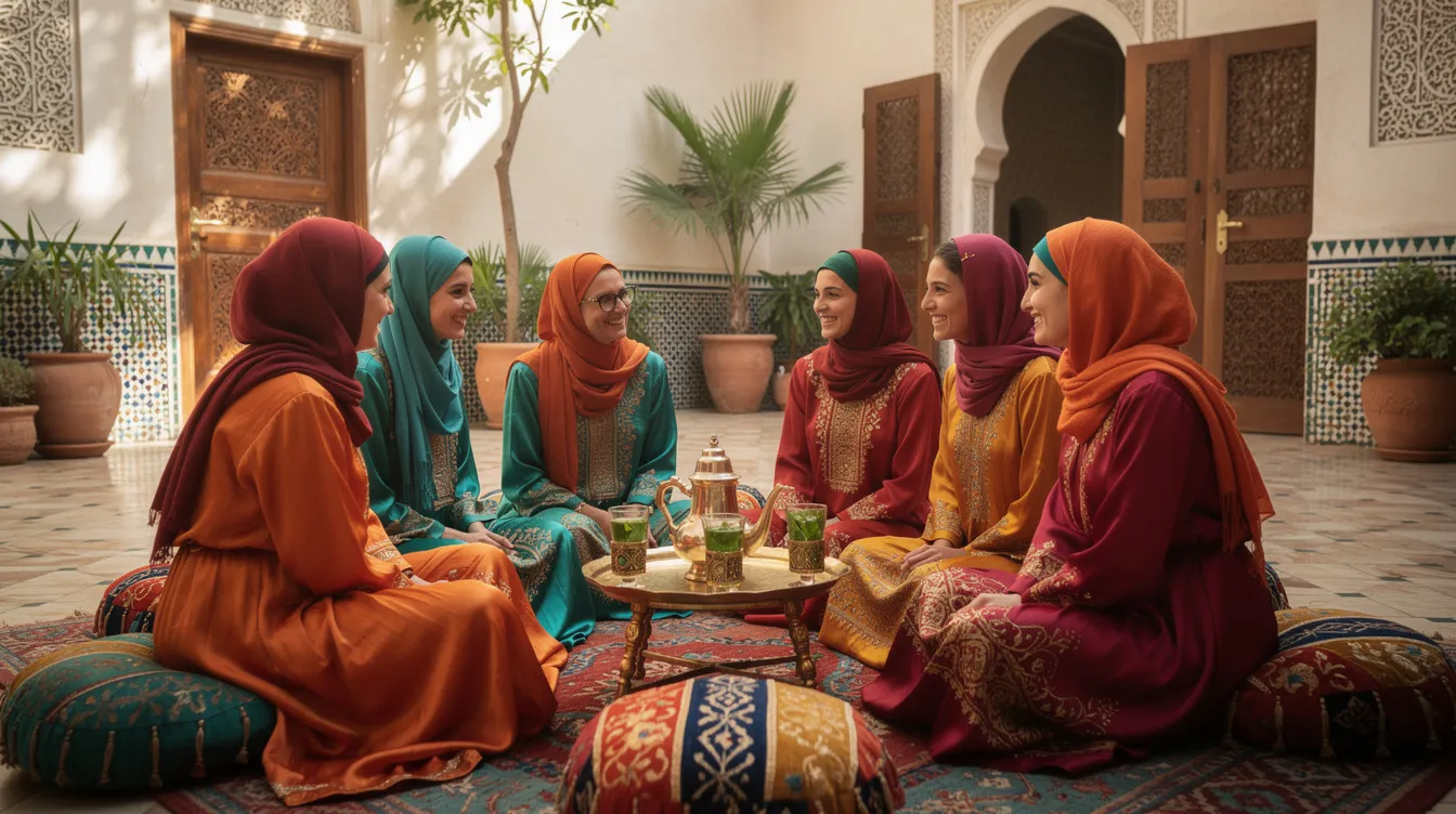 In a beautifully adorned courtyard, many Moroccan women dressed in traditional clothing share tea while seated on colorful cushions, surrounded by intricate architectural details that reflect Moroccan culture. This scene captures a moment of daily life and camaraderie among local women, highlighting the warmth and hospitality of Moroccan society.