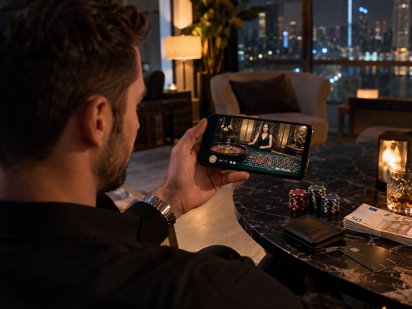 Persoon speelt live roulette met echt geld op een smartphone vanuit huis.