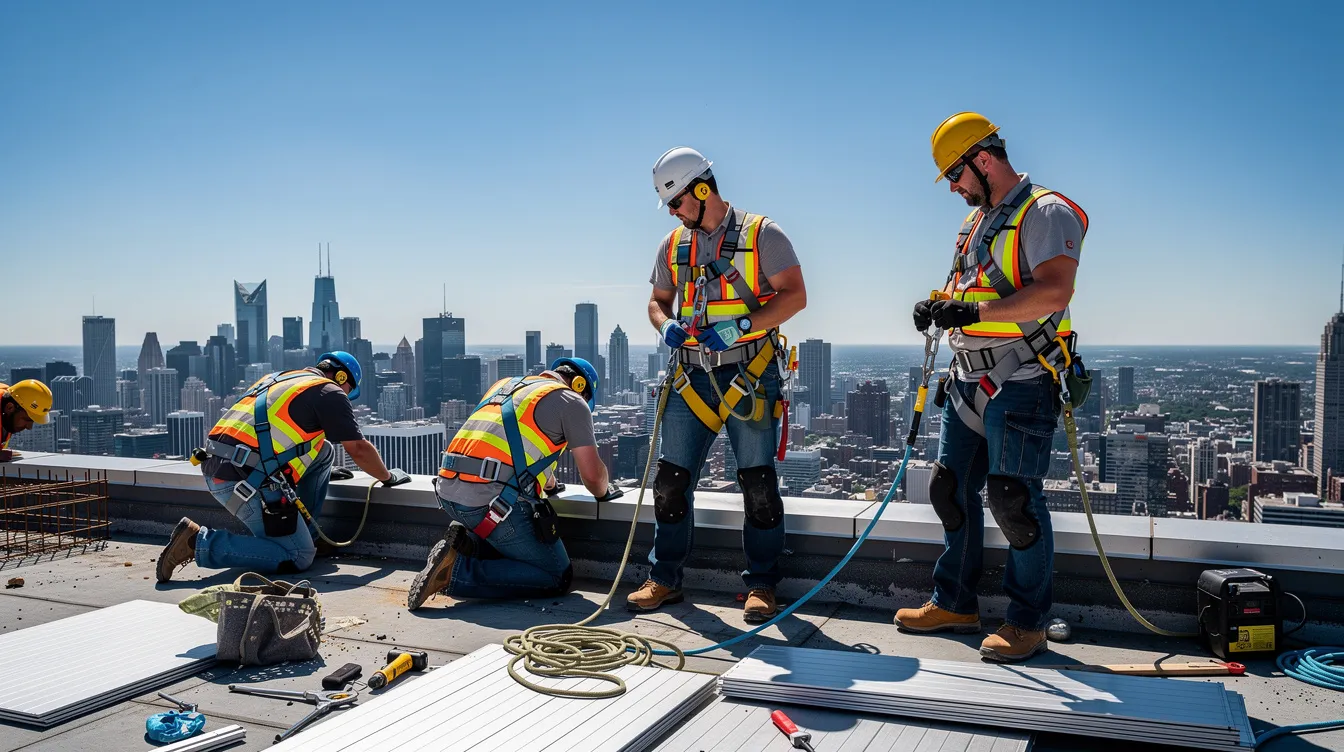 A group of construction workers is seen on a rooftop under the bright midday sun, all wearing full harness fall protection equipment to ensure their safety. This scene highlights the importance of a strong safety culture in the construction industry, emphasizing the commitment to occupational safety and the implementation of effective safety practices to mitigate risks.