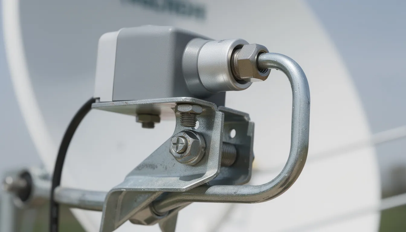 The image features a close-up view of a satellite dish LNB component along with its mounting hardware, which is essential for a proper DSTV installation. This setup is crucial for ensuring optimal signal reception and is often handled by accredited DSTV installers in Worcester for efficient service.
