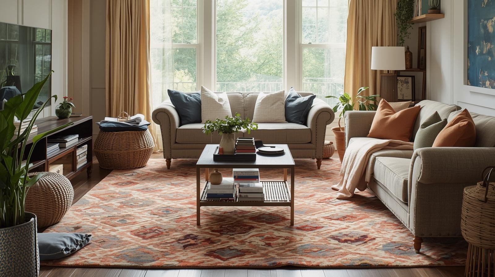 A casual living room with muted tones, pops of blue and orage with a patterned and textured rug.