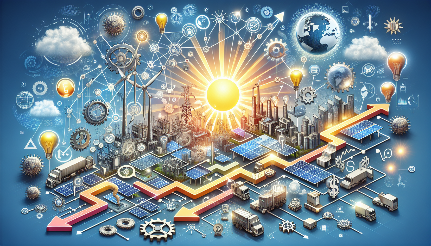 An illustration depicting various factors influencing solar panel prices, including supply chain and technology.