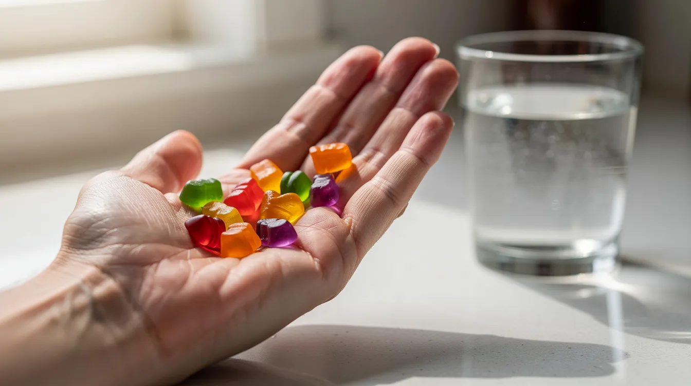 A person is holding a handful of colorful mushroom gummies, showcasing their mouthwatering mixed berry flavor, while a glass of water sits nearby. These functional mushroom supplements, including varieties like lion's mane and reishi, are designed to support brain health and overall well-being.