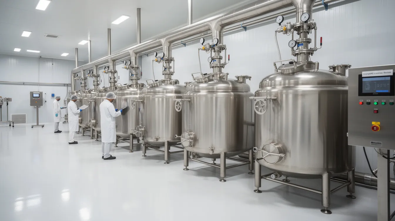 The image depicts a modern dairy factory featuring industrial stainless steel ghee processing kettles and boilers, essential for the ghee manufacturing process. These dairy processing equipment pieces are designed for controlled heating and efficient ghee production, showcasing the advanced technology used in creating pure ghee from milk fat.