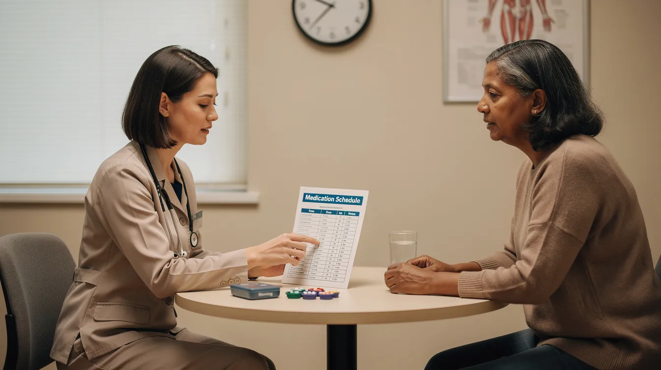 A healthcare professional is seated with a patient in a private setting, reviewing their medication schedule to address any potential withdrawal symptoms and ensure the patient receives their next scheduled dose of prescribed opiate dependence. The discussion may also include the patient’s behaviors related to managing their pain and any concerns about tolerance withdrawal symptoms.