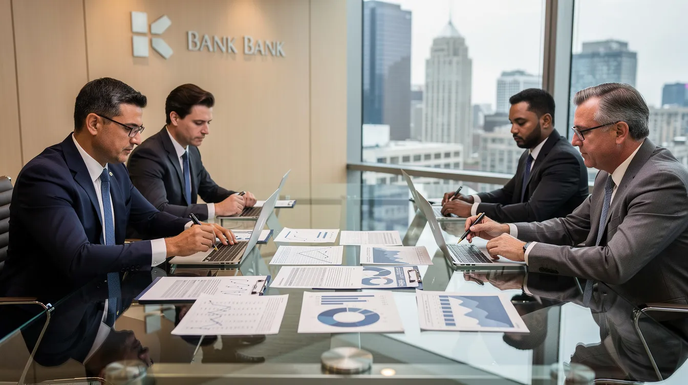 c1b4576a 5e65 4d66 ae00 e6784dd7e96c In a professional bank office, a group of individuals is engaged in a meeting discussing financial documents related to a dairy farming project, including detailed project reports and profitability analysis. They are reviewing key parameters such as total project cost and securing funding for the milk processing unit.