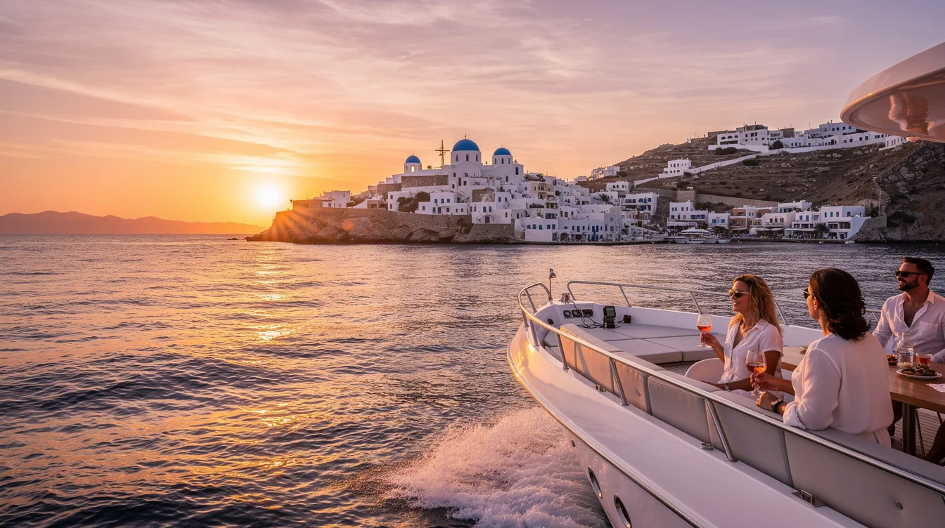 Um cruzeiro ao pôr do sol em Mykonos, na Grécia, apresenta o mar Egeu refletindo tons alaranjados e rosados, enquanto pequenas ilhas se destacam ao fundo. A cena captura a beleza da praia e a tranquilidade do momento, perfeita para uma viagem inesquecível.