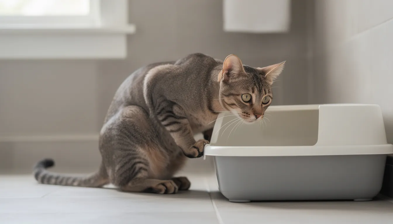 Een kat zit gehurkt bij een kattenbak met een gespannen houding, wat kan duiden op een probleem met plassen. Dit gedrag kan wijzen op een blaasontsteking of andere urinewegproblemen, waarbij de kat mogelijk kleine beetjes plast.