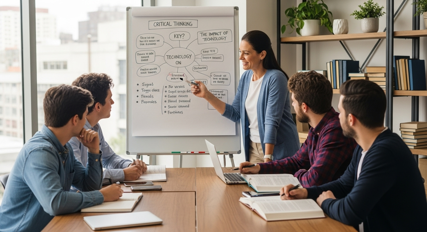 Educator guiding students through critical thinking and writing process.