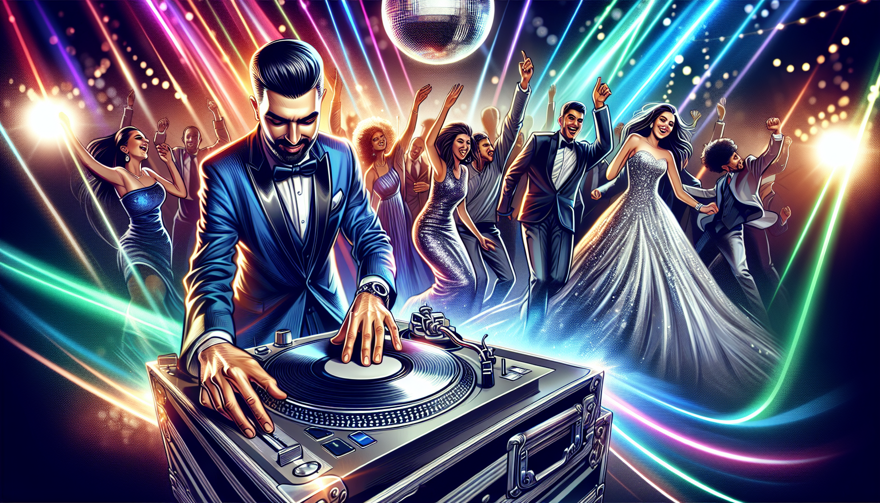 A DJ entertaining a diverse crowd at a wedding reception