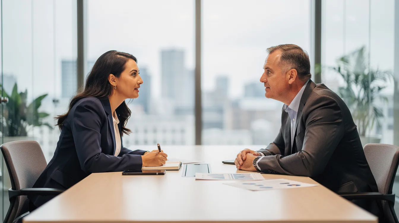Deux professionnels des affaires discutent de manière concentrée dans un bureau moderne, échangeant des conseils sur le processus de vente b2b. Cette conversation met en lumière les étapes clés pour améliorer la performance et le taux de conversion des ventes.