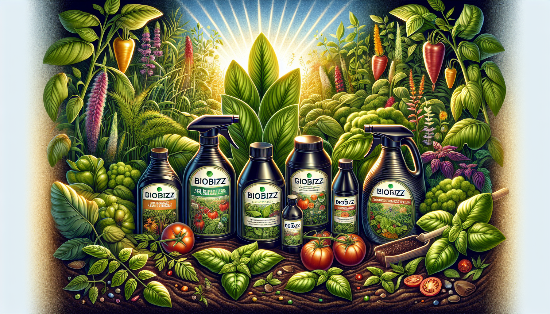 An illustration of various Biobizz products for organic farming.