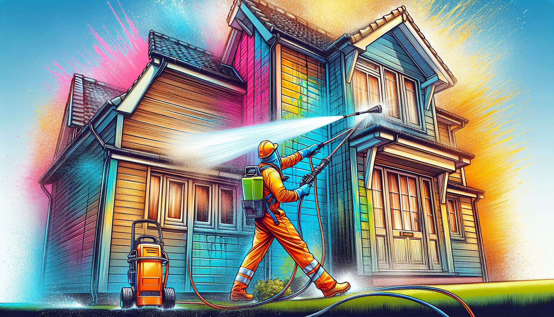 Illustration of a pressure washing service cleaning a house siding