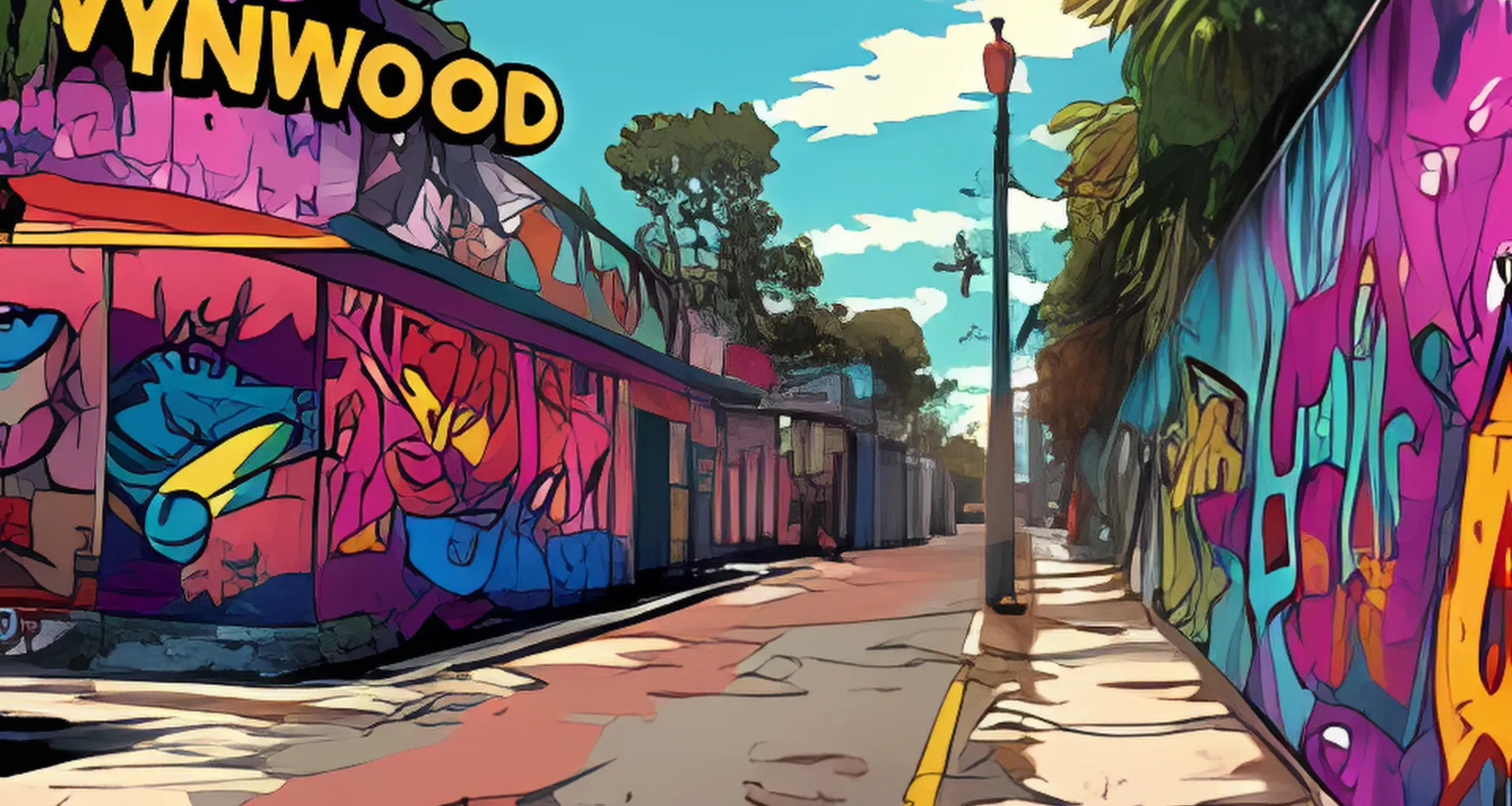 A colorful street scene in Wynwood, featuring vibrant graffiti murals on building walls, trees, and a clear blue sky above.