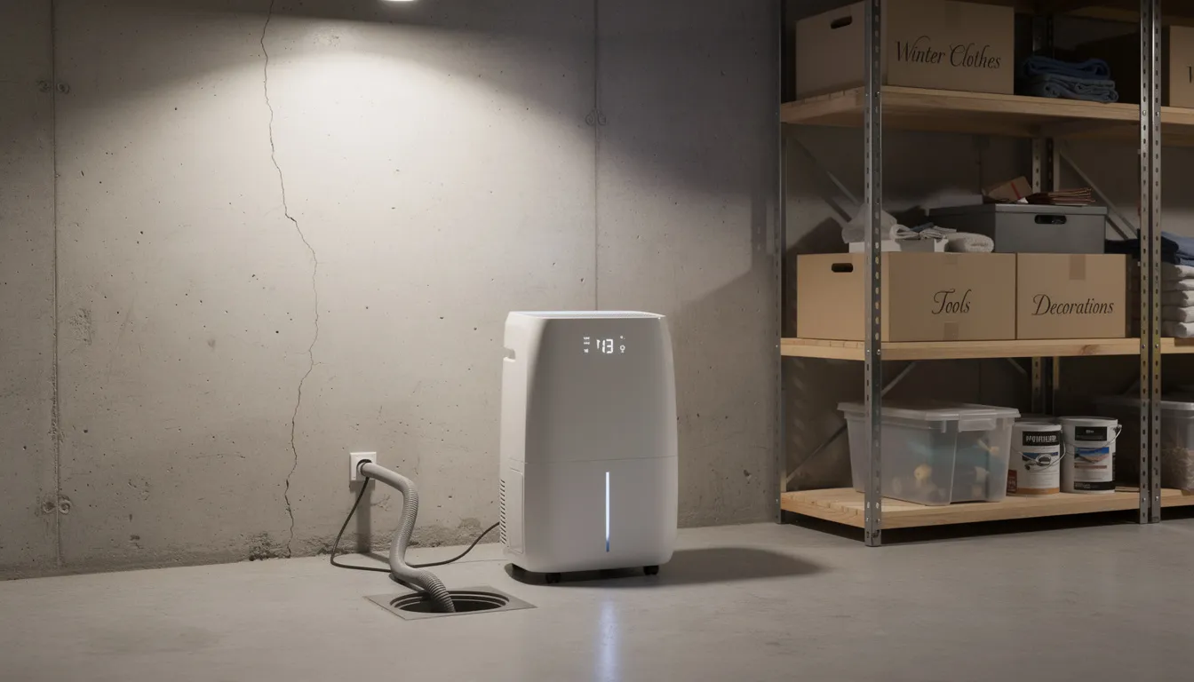 The image shows a dehumidifier operating in a residential basement with concrete walls and storage shelving, aimed at moisture control to prevent mold problems. This environment could be prone to mold growth, including toxic black mold, which poses serious health risks such as respiratory issues and allergic reactions.