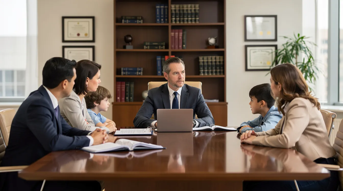 A professional attorney is seated in an office, discussing a wrongful death claim with family members who appear somber and engaged in the conversation. The setting suggests a serious legal consultation regarding the implications of a loved one's death in a car accident, highlighting the emotional and financial support they are seeking through the legal process.