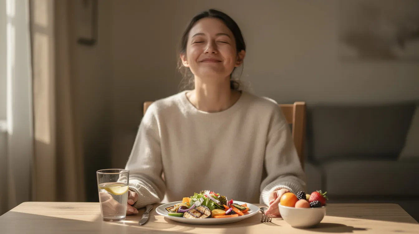 A person is sitting at a table enjoying a small, healthy meal, appearing satisfied and relaxed, which reflects their commitment to weight management and achieving health goals. The atmosphere suggests a positive lifestyle choice, potentially beneficial for heart health and diabetes treatment.