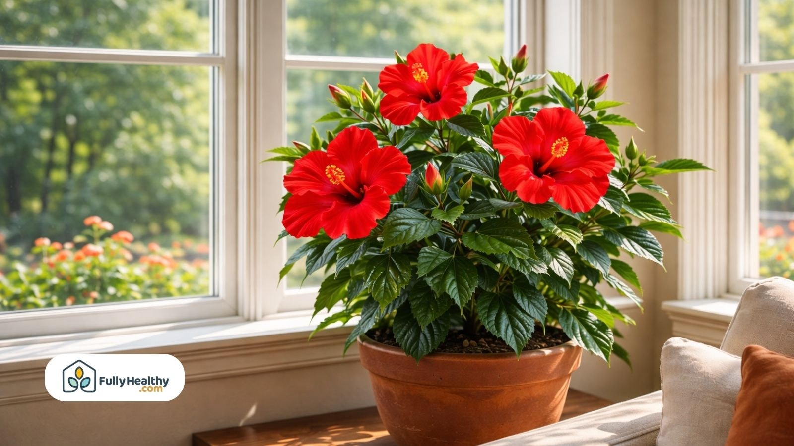 Red hibiscus flowers in clay pot beside sunlit window indoors