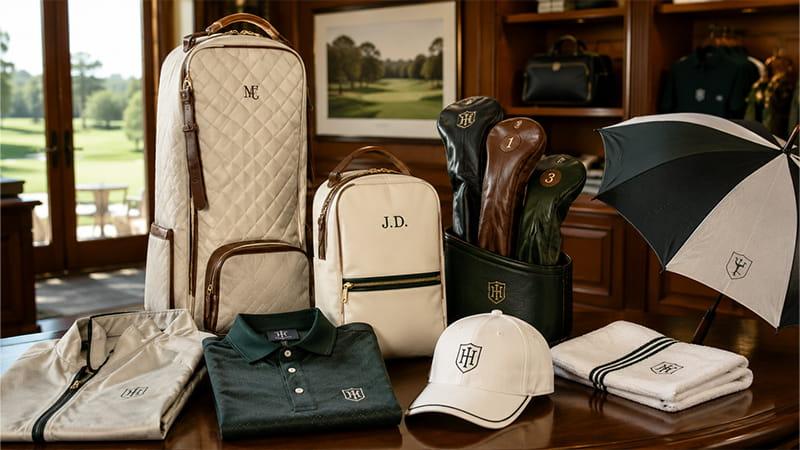 Luxury golf travel and apparel gifts including a travel bag, shoe bag, headcovers, umbrella, polo shirt, cap, towel, and golf accessories