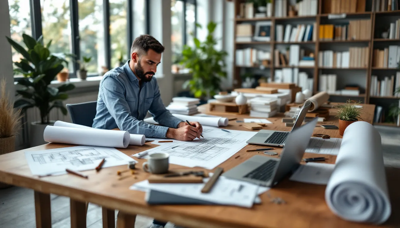 Um arquiteto está concentrado em seu projeto, cercado por plantas arquitetônicas e ferramentas de desenho, enquanto planeja a edificação de um imóvel de acordo com as normas do código de obras. Ele analisa documentos e informações essenciais para a regularização de imóveis, garantindo que o projeto atenda aos requisitos da prefeitura e do mercado imobiliário.