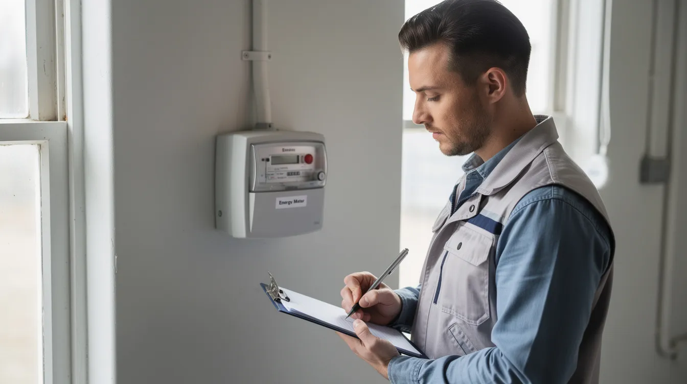 Eine Person steht vor einer Wand, an der ein Energiezähler montiert ist, und notiert den Zählerstand in ein Notizbuch. Diese Handlung ist wichtig, um den Überblick über den Jahresverbrauch von Strom und Wasser im Haushalt zu behalten, was auch im badenova Kundenportal eingesehen werden kann.