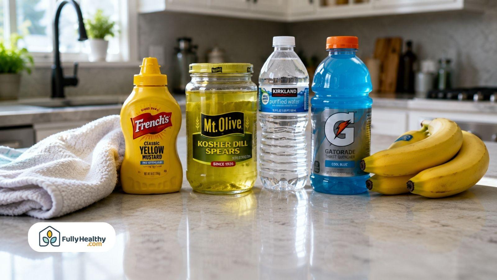 Yellow mustard pickle juice water sports drink and bananas for cramps