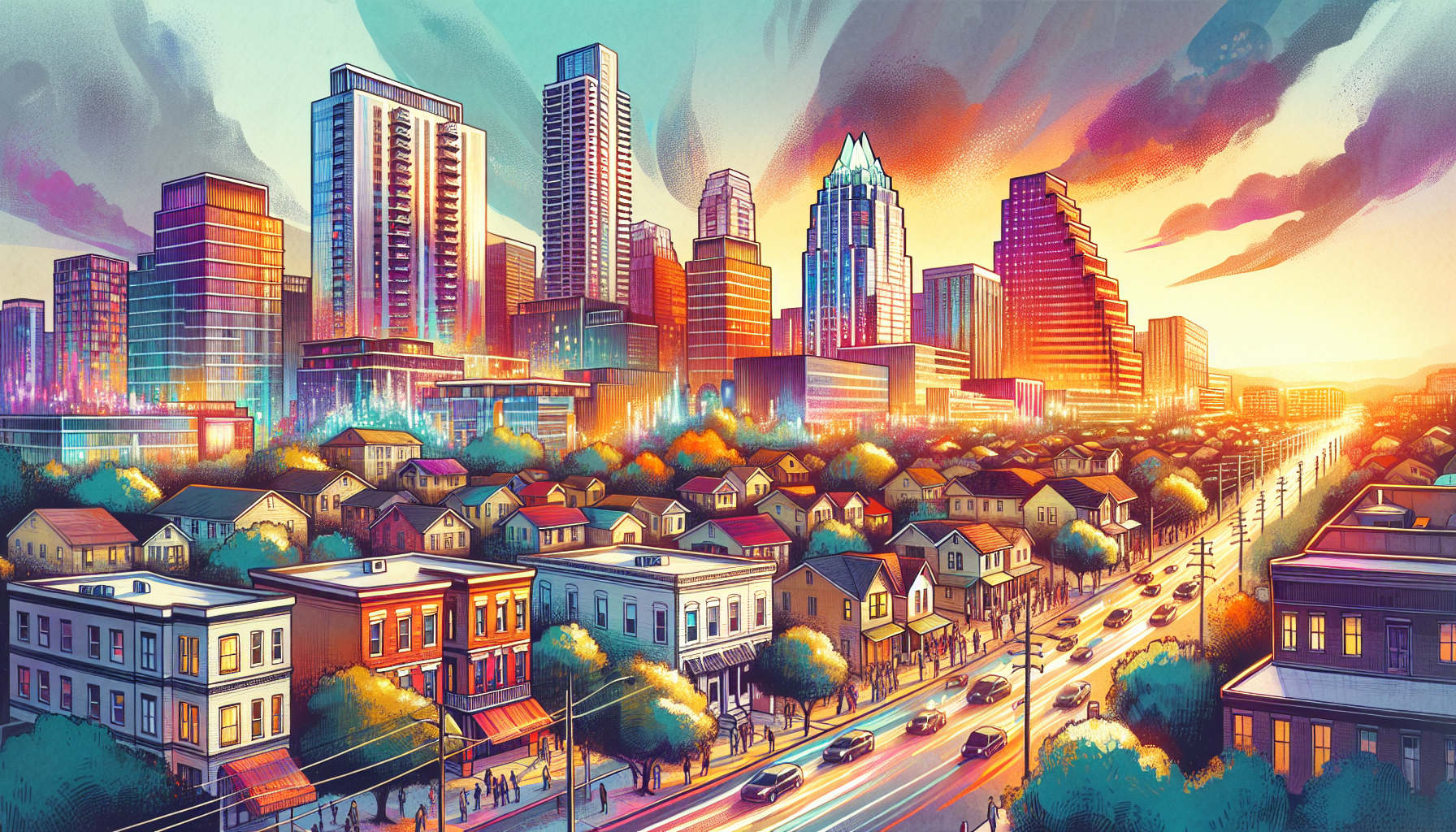 Illustration of a bustling real estate market in Austin