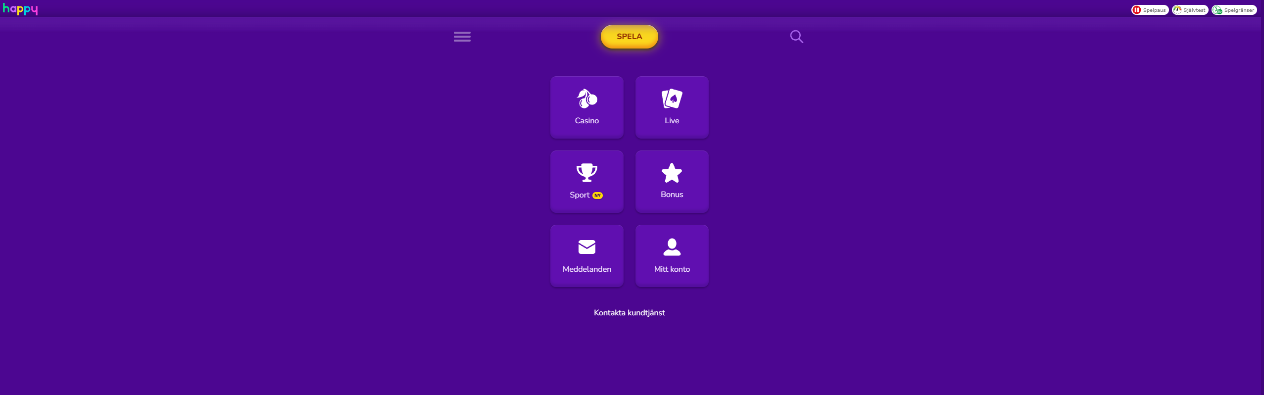 Meny hos Happy Casino med genvägar till casino, live casino, sport, bonus, meddelanden och konto.