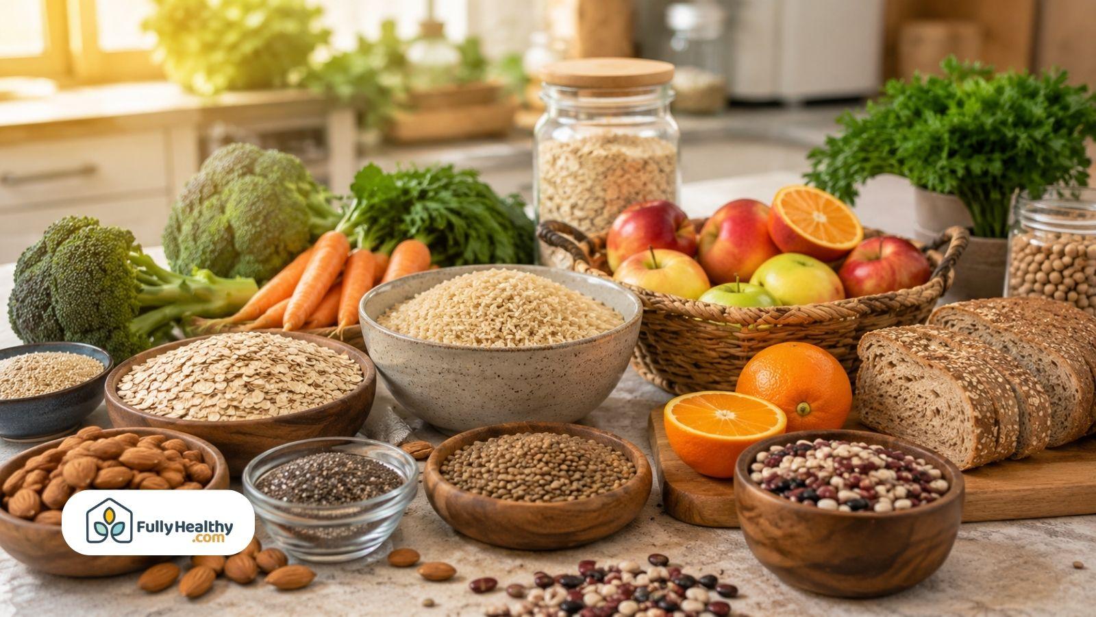 High-fiber foods including oats fruits vegetables beans and whole grain bread arranged naturally