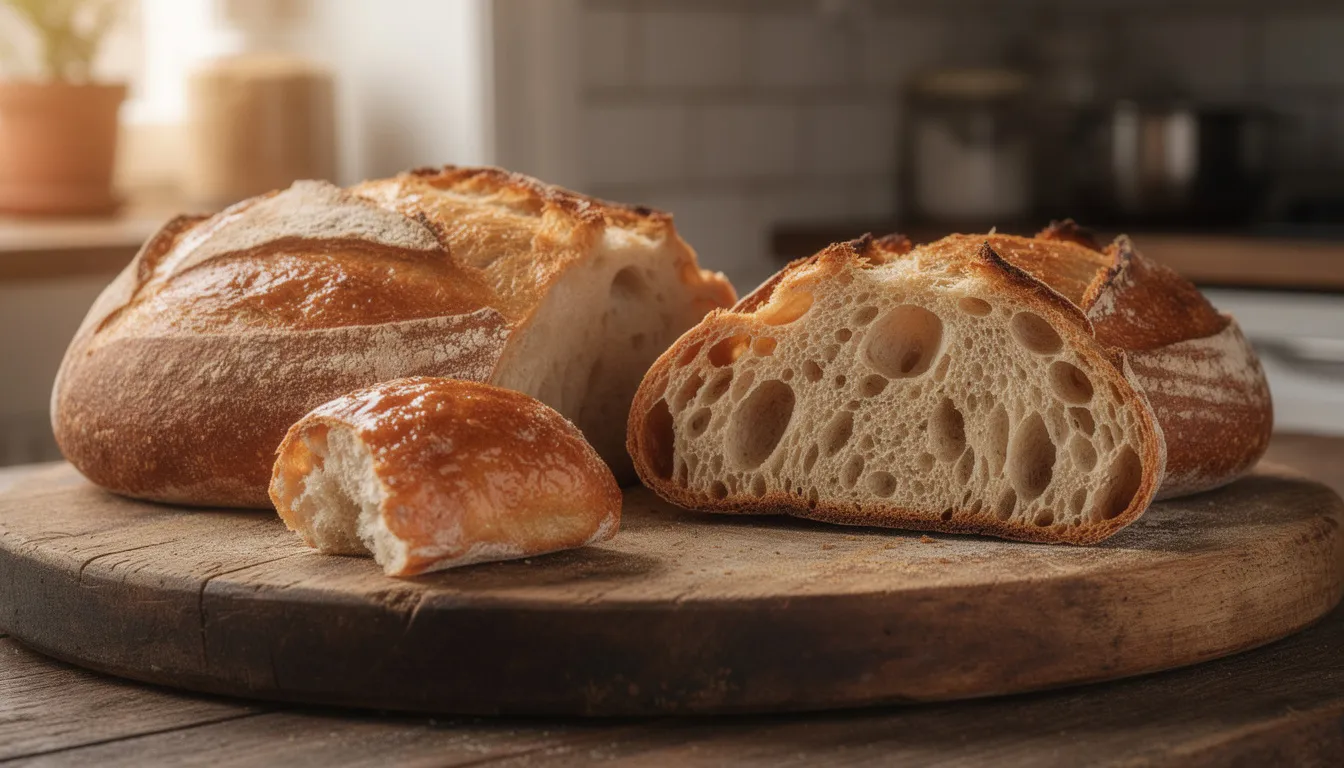 The image showcases freshly baked artisan sourdough loaves, featuring a golden crust and an open crumb, elegantly displayed on a wooden cutting board. This delightful scene highlights the beauty of homemade bread, emphasizing the craftsmanship involved in the kneading process and baking, perfect for any baking enthusiast using an Ankarsrum stand mixer.