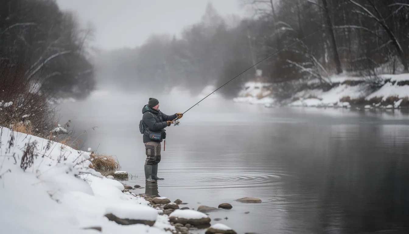 Na obrazie widoczny jest wędkarz łowiący ryby na rzece w zimowej scenerii, z lekkim śniegiem pokrywającym brzegi. Wędkarz korzysta z wędki podlodowej, co sugeruje, że może poszukiwać gatunków ryb, które biorą w styczniu, mimo niskich temperatur i zmniejszonej aktywności ryb.