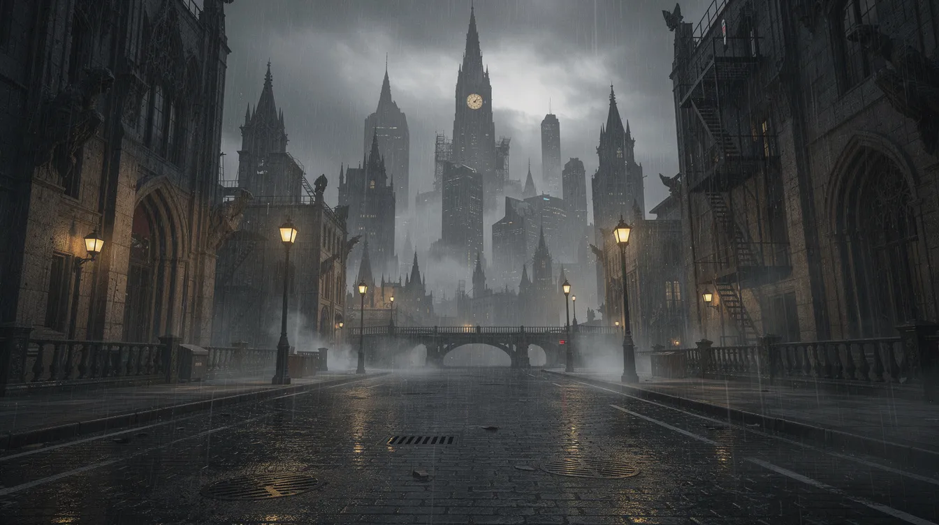 Die düstere Skyline einer Großstadt bei Nacht zeigt gotische Gebäude, während der Regen auf die nassen Straßen prasselt und schwaches gelbes Laternenlicht die Szenerie erhellt. Diese Atmosphäre erinnert an Gotham City, die Heimat von Batman und seinen Feinden, inmitten von dampfenden Schächten und geheimnisvollen Schatten.