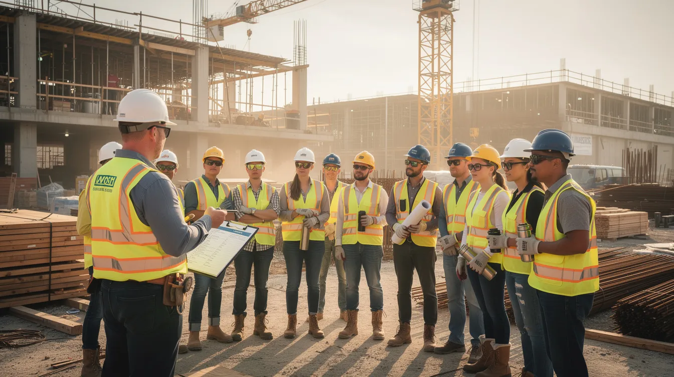 A group of construction workers wearing safety vests and hard hats are gathered on a commercial construction site for a morning toolbox talk, discussing quality control procedures and safety standards to ensure compliance throughout the construction process. The workers are engaged in communication, emphasizing the importance of quality assurance and careful planning in their project.