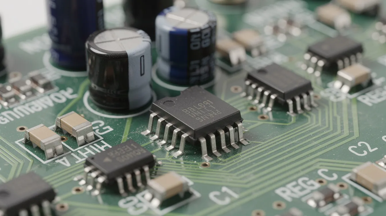 Die Nahaufnahme zeigt eine elektronische Platine mit zahlreichen kleinen Kondensatoren, darunter ein Bootstrap-Kondensator, sowie Spannungsreglern, die für die Stabilität der WLAN-Verbindung in Geräten wie der Fritzbox 7590 entscheidend sind. Diese Bauteile sind wichtig, um WLAN-Probleme und Verbindungsprobleme zu minimieren, die Nutzer häufig erleben.