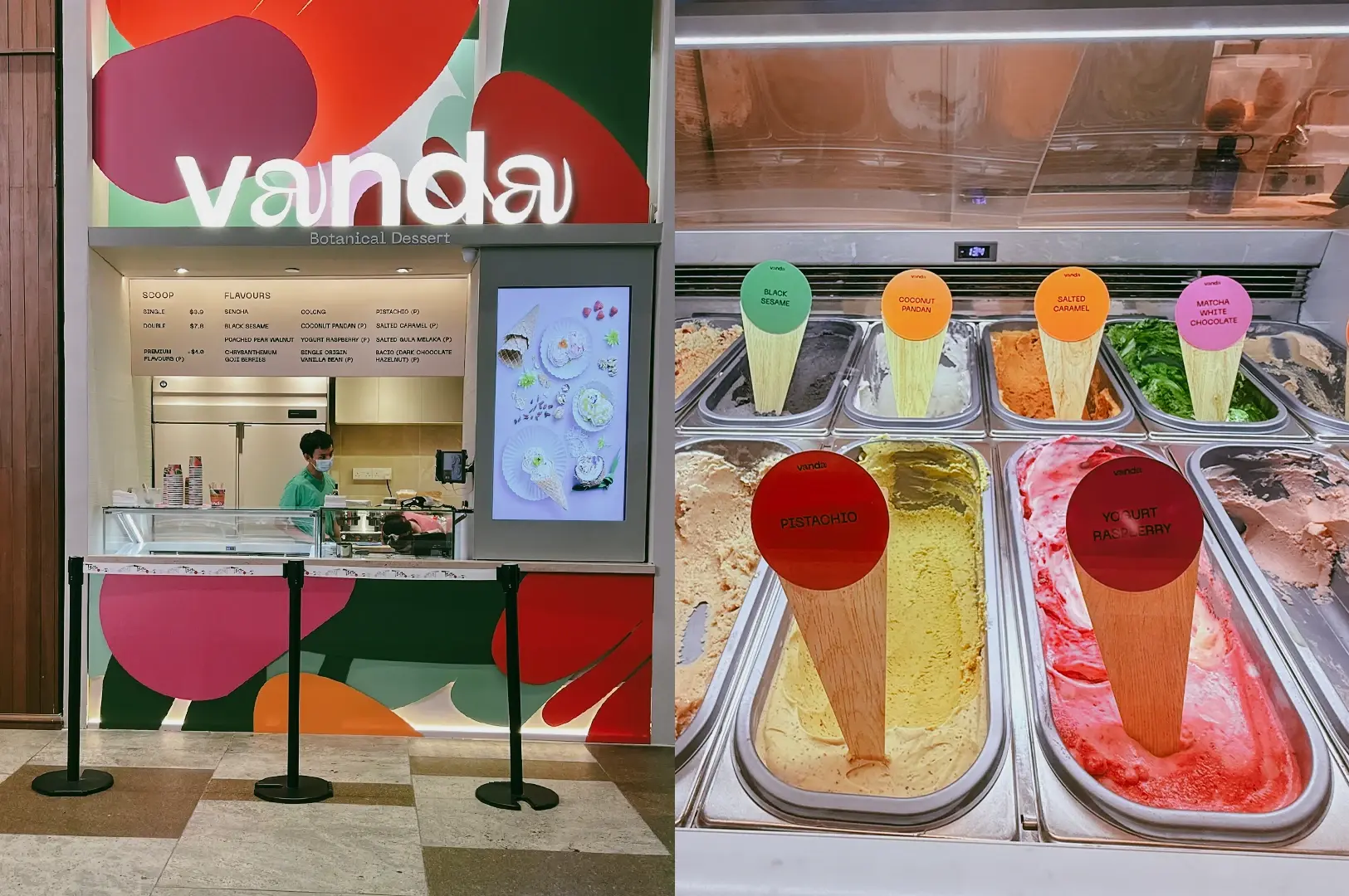 Left: An eye-level, front-facing shot of the Vanda Botanical Dessert storefront, featuring a white glowing cursive logo against a colorful red and green organic pattern backdrop with a staff member behind the counter. Right: A top-down, close-up shot of an ice cream display freezer holding rows of metal bins filled with different gelato flavors, each marked with a brightly colored circular sign on a wooden stick.