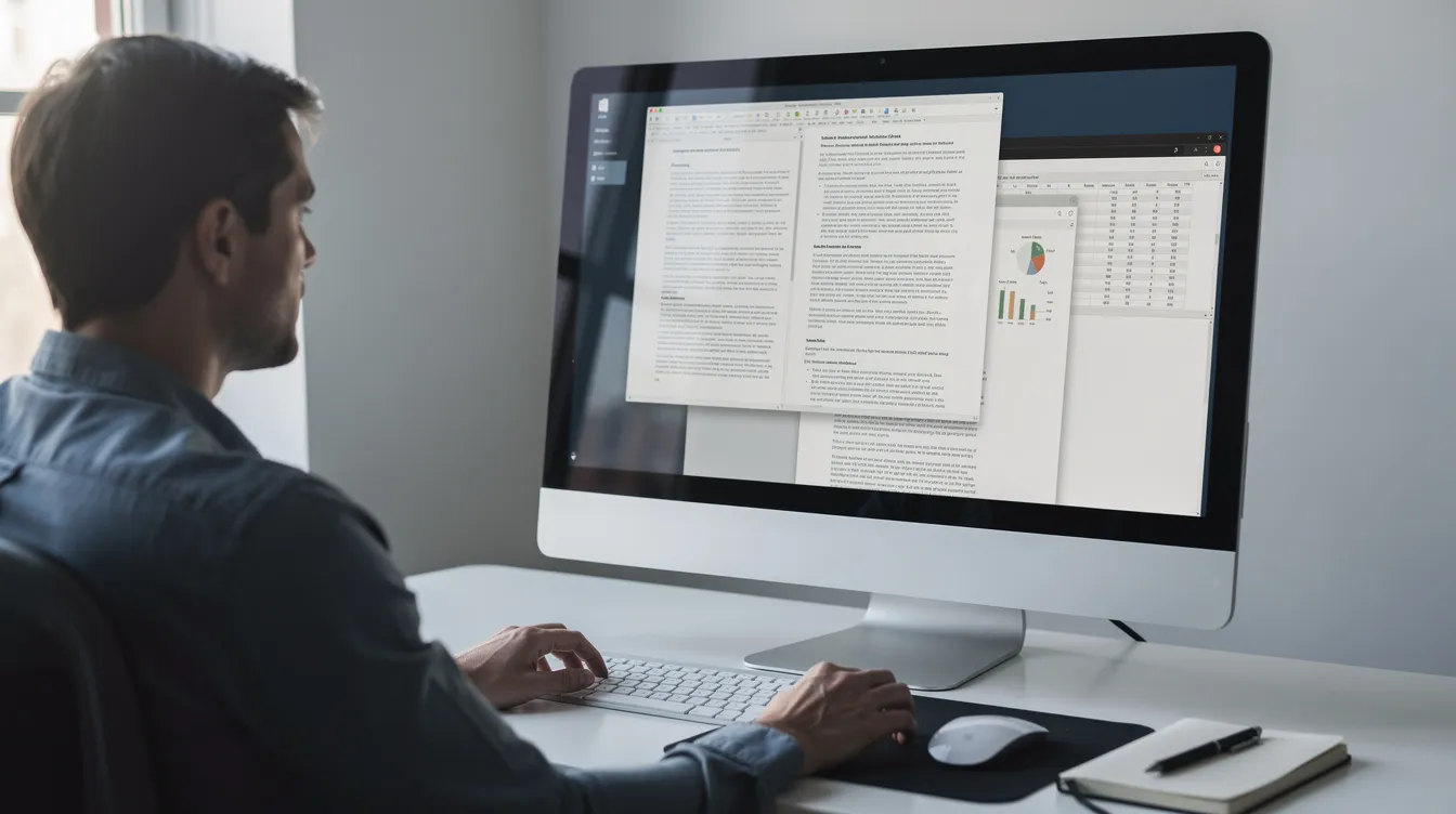 Un professionista lavora al computer con più finestre di documenti aperte, mentre gestisce le informazioni relative ai fornitori e ai processi di approvvigionamento. L'immagine rappresenta un ambiente di lavoro dove si analizzano dati e si verifica la conformità, utilizzando strumenti di intelligenza artificiale per migliorare l'efficienza e la qualità delle operazioni.